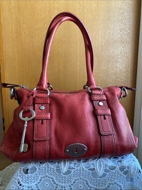 Vintage Fossil Red Leather Satchel Bag/Y2K Slouchy Shoulder Purse Boho Luxe